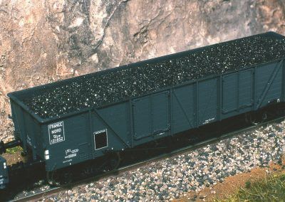 Bois ou charbon, le rendu en ligne est très réaliste. Notez le scintillement du vrai charbon et l’aspect des extrémités des troncs sur le wagon plat.